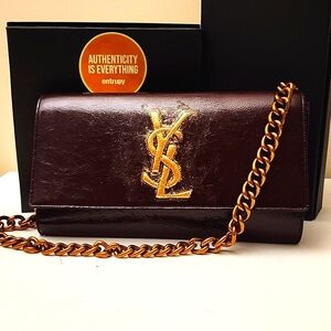 Yves Saint Laurent YSL Large Leather Clutch Shoulder Bag Burgundy